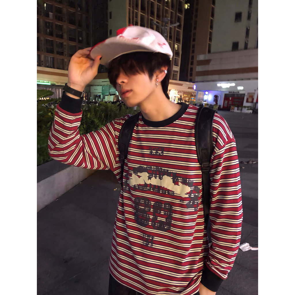 Americano Retro angustiado carta impressa de manga comprida camiseta masculina outono novo estilo solto casal street Wea