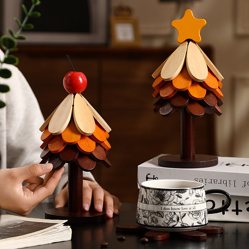 Enfeites de mesa de jantar de árvore de Natal de madeira maciça Isolamento térmico removível resistente a altas temperat