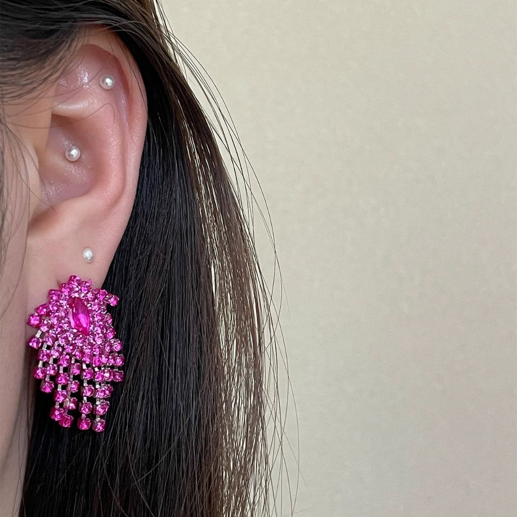 Retro rosa vermelho cheio de diamante curto borla brincos único exagerado diamante brincos luz luxo High-End brincos col