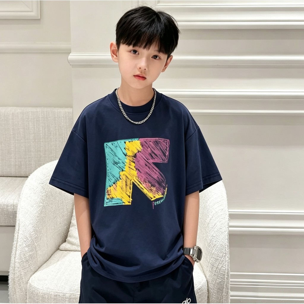 Meninos camiseta de manga curta 2026 novo estilo crianças verão camiseta médio grande meninos Solona impresso topo meia 