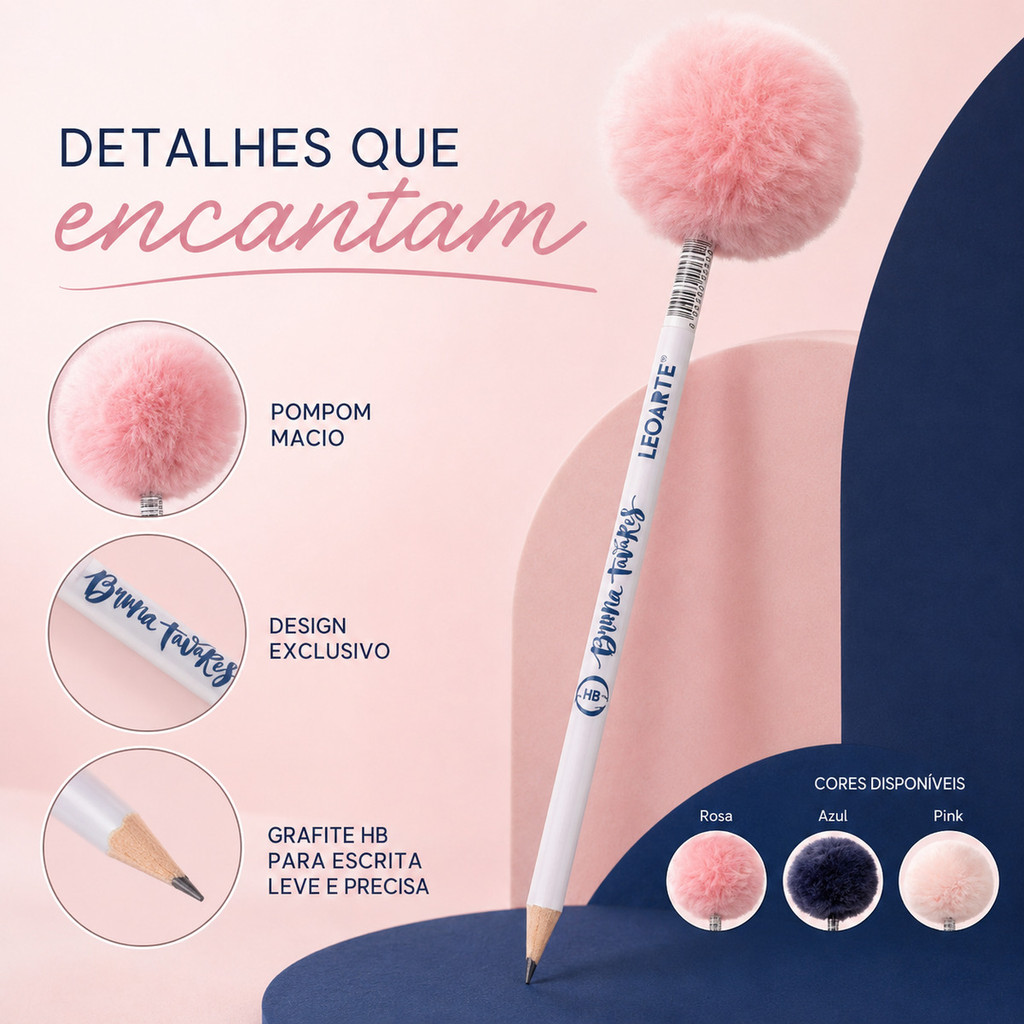Lápis Grafite HB Resina com Pompom Bruna Tavares kit Lapis de Escrever