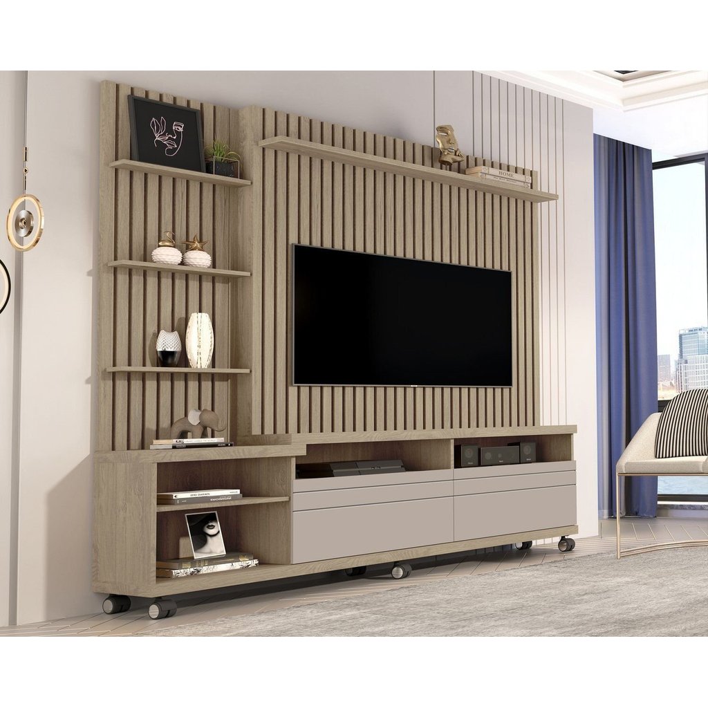 Estante e Home Theater Ripado para TV até 60 Polegadas MDF 180x190cm Rodízios Nobre Hanover/Fendi