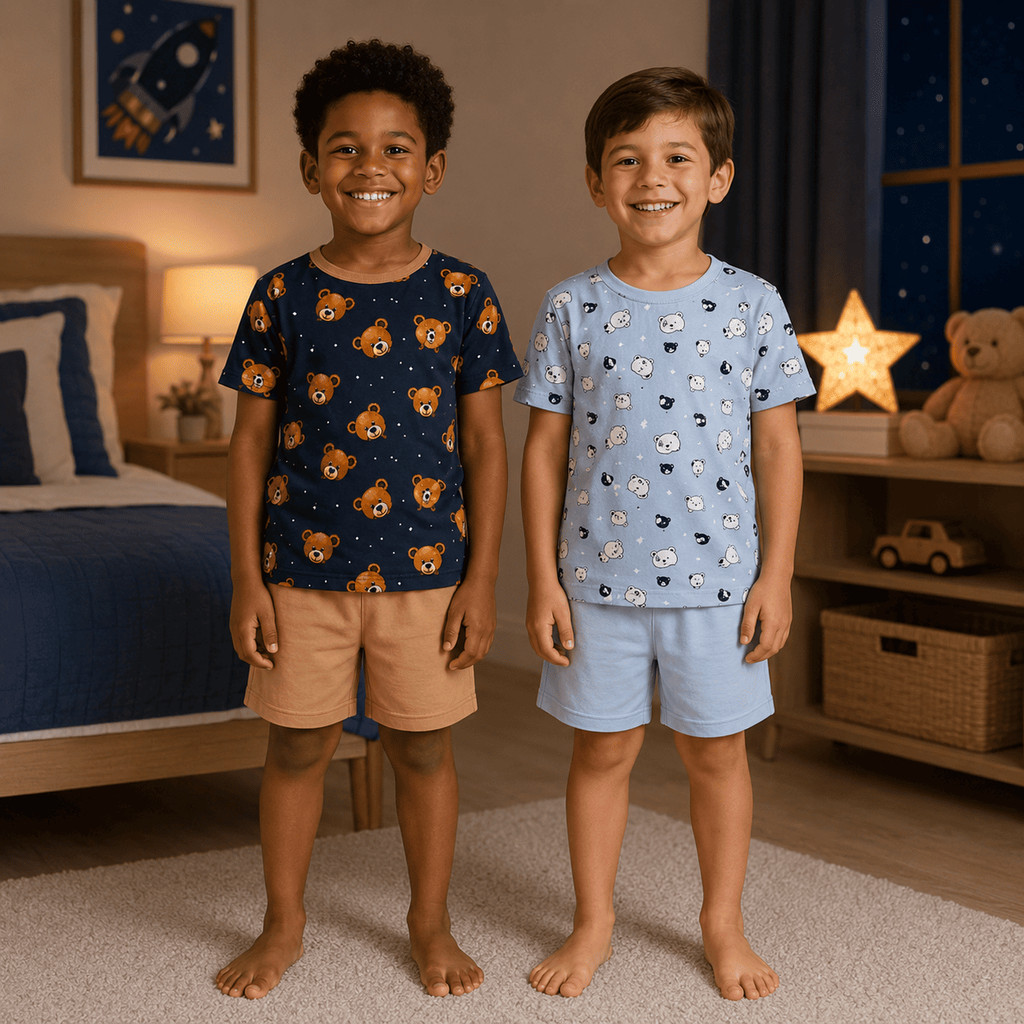 Pijama Infantil Menino Verão Poliéster Conjunto Camiseta Manga Curta e Shorts Estampado Sortido Tamanhos 2 ao 16