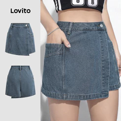 Lovito Casual Shorts Jeans com Boca de Cobertura e Bolso Lavado Primavera/verão Shorts Jeans Azuis L142ED447