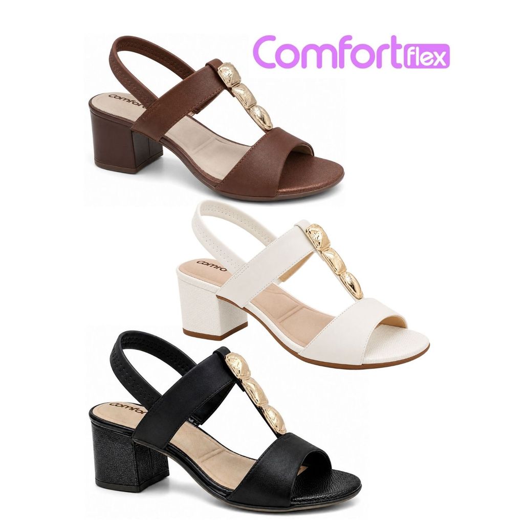 Sandália Feminina Salto Bloco Médio Comfortflex Confortável Palmilha Macia Calce Facil