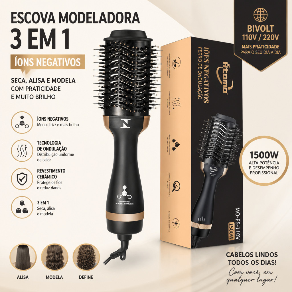Escova 3 Em 1 Profissional 1500w Seca Rápido Alisa Modela Modelador de cachos Escova Modeladora Secadora de Cabelo