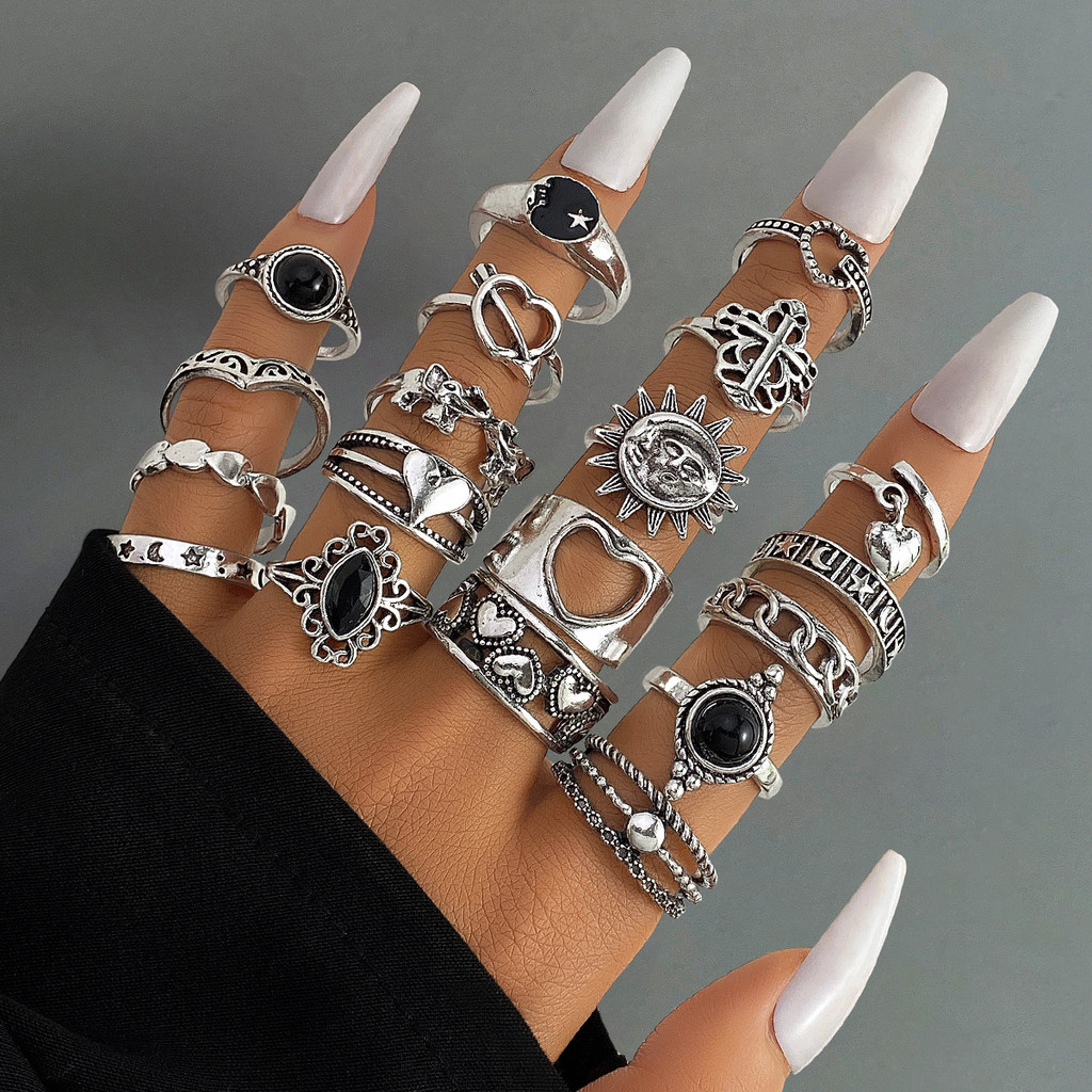 Anel transfronteiriço Retro preto Gem amor pingente anel criativo conjunto de anel conjunto exclusivo conjunto de 19 peç