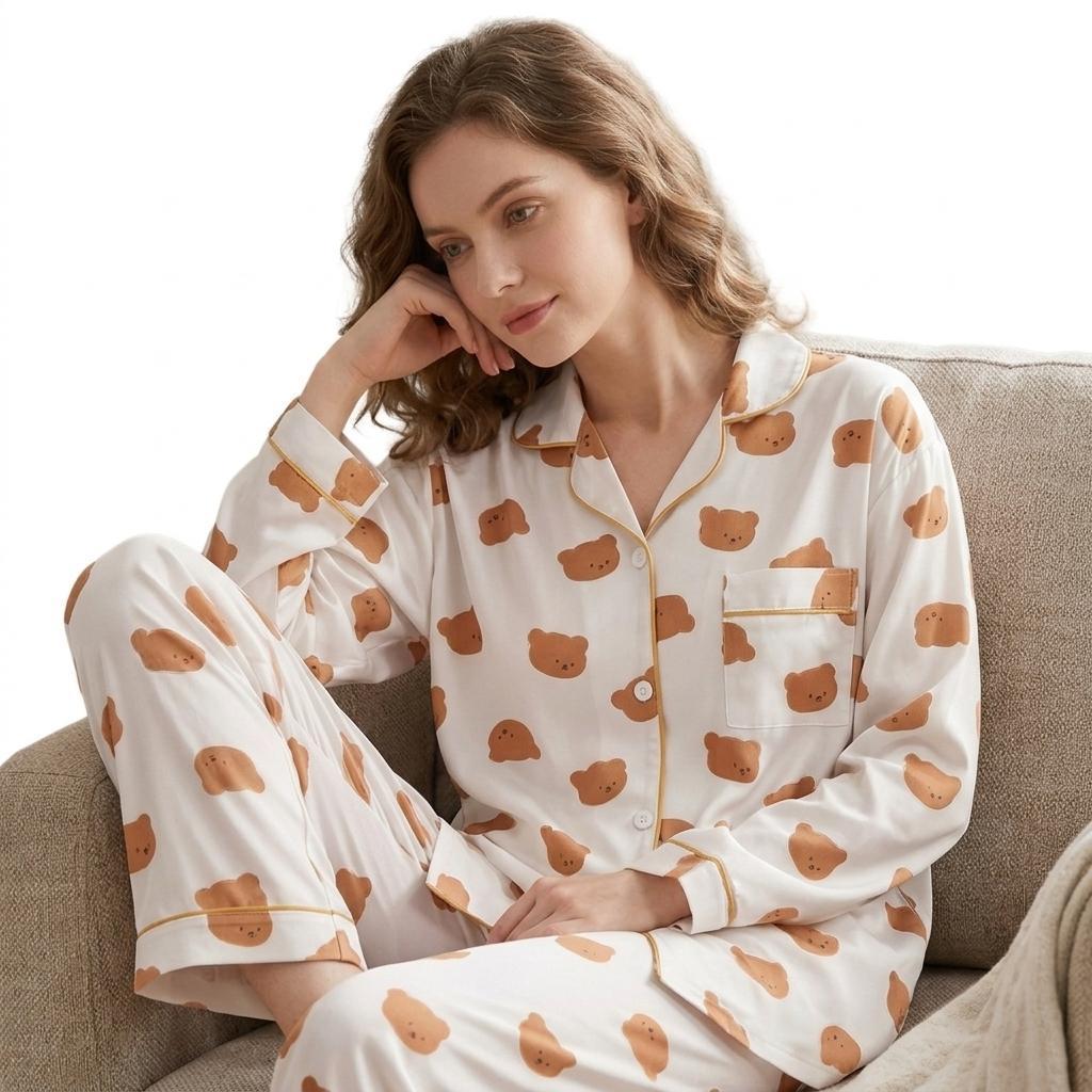 Z&D Pijama Feminino Manga Longa Camisa com Botões Calça Estampa Ursinho Confortável SY07