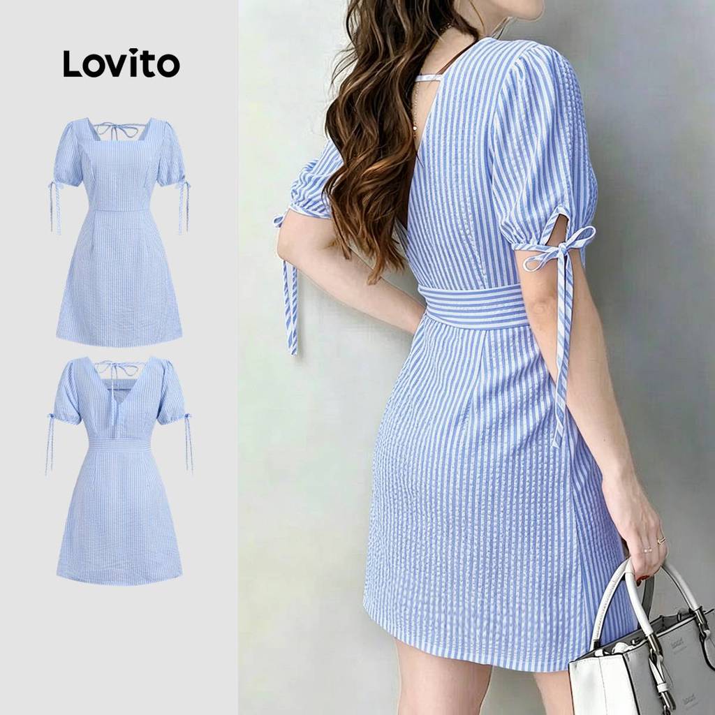 Lovito Vestido Listrado Azul Geométrico De Costas À Mostra Com Laço Para Mulheres Casual Primavera/Verão L198ED329