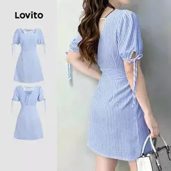 Lovito Vestido Listrado Azul Geométrico De Costas À Mostra Com Laço Para Mulheres Casual Primavera/Verão L198ED329