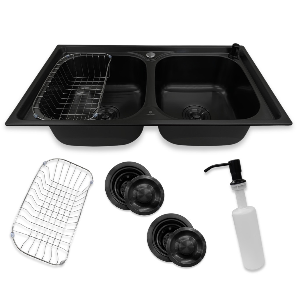 Cuba Dupla Gourmet Cozinha Inox 304 Preta 78x43cm Com Dosador E Cesto Escorredor Luxo
