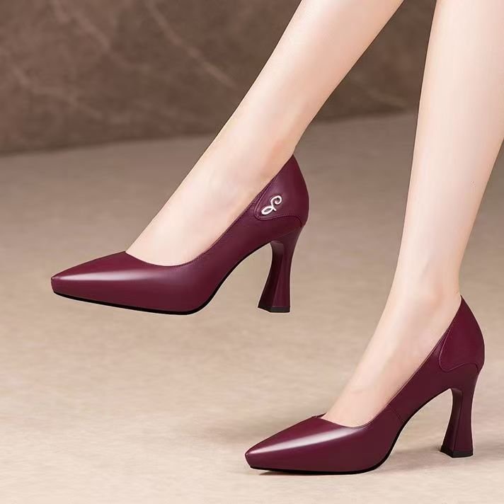 Boca rasa salto alto feminino salto grosso apontou Toe sapatos elegantes sapatos de couro macio