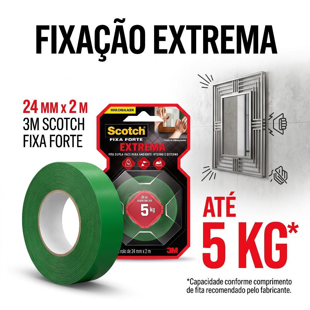 Fita Dupla Face 3M Scotch Fixa Forte 24mm x 2m Fixação Extrema Para Parede Quadros