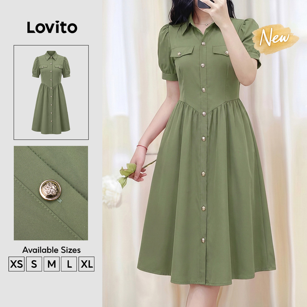 (New Arrival) Lovito Vestido Elegante com Bolso Falso Estrutura em Linha Verdeoliva Primavera/verão para mulheres DRK9P1D424