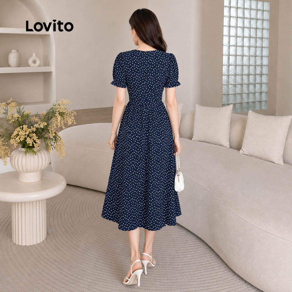 (New Arrival) Lovito Vestido Feminino Azulmarinho Com Estampa De Poás E Blocos De Cor Linha a Para Trabalho Primavera/verão DRB205P2D166 — imagem 2 de 2