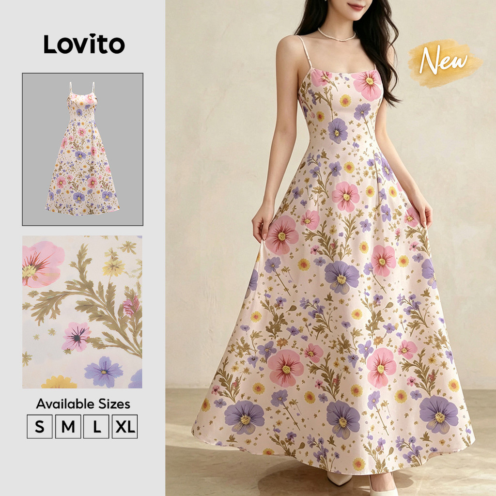 Lovito Vestido Feminino Boho Floral com Zíper e Pregas Modelo Longo A Primavera Verão Casual Fim de Semana e Férias DRB39BR161