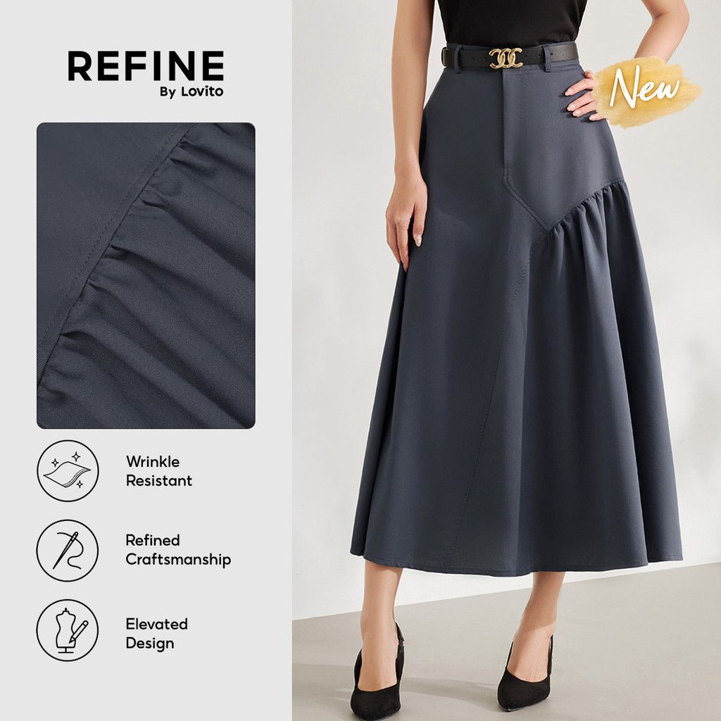 (New Arrival) (Refine by Lovito) Saias Cinza Femininas Longas Para escritório Com Babado assimétrico Na Barra E Sem Rugas SKR44P1D064