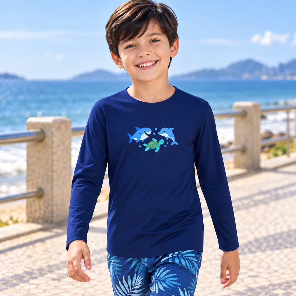 Camisa UV Infantil Animais Marinho Manga Longa Proteção UV50 Praia Piscina Surf Leve Proteção Térmica Menino e Menina