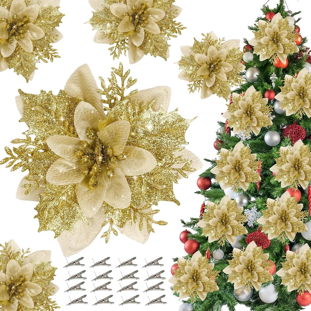 Kit 12/24 Flores Artificiais de Natal com Glitter 14cm, Vermelho e Dourado, Decoração Luxo Árvore