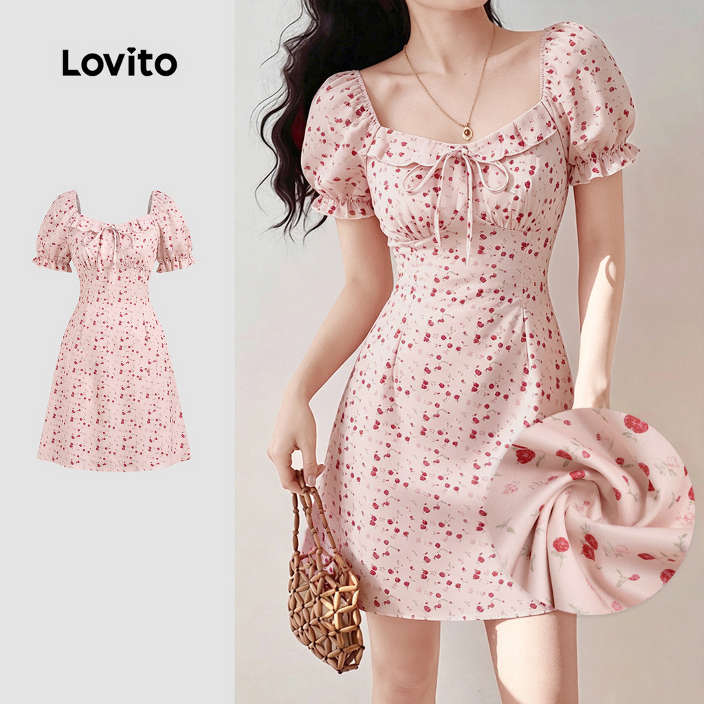 Lovito Vestido Casual com Babado e Renda para Mulheres Primavera/verão rosa Bordado DRB198P1D199