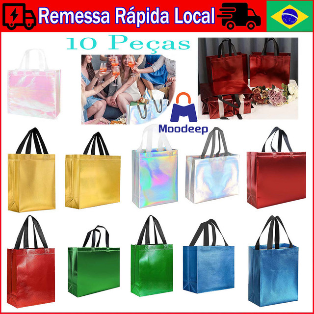 10 Peças sacolas de presente com alças, Bolsa Tote Moda, Bolsa Holográfica Saco De Praia Para Trabalho, Compras, Praia