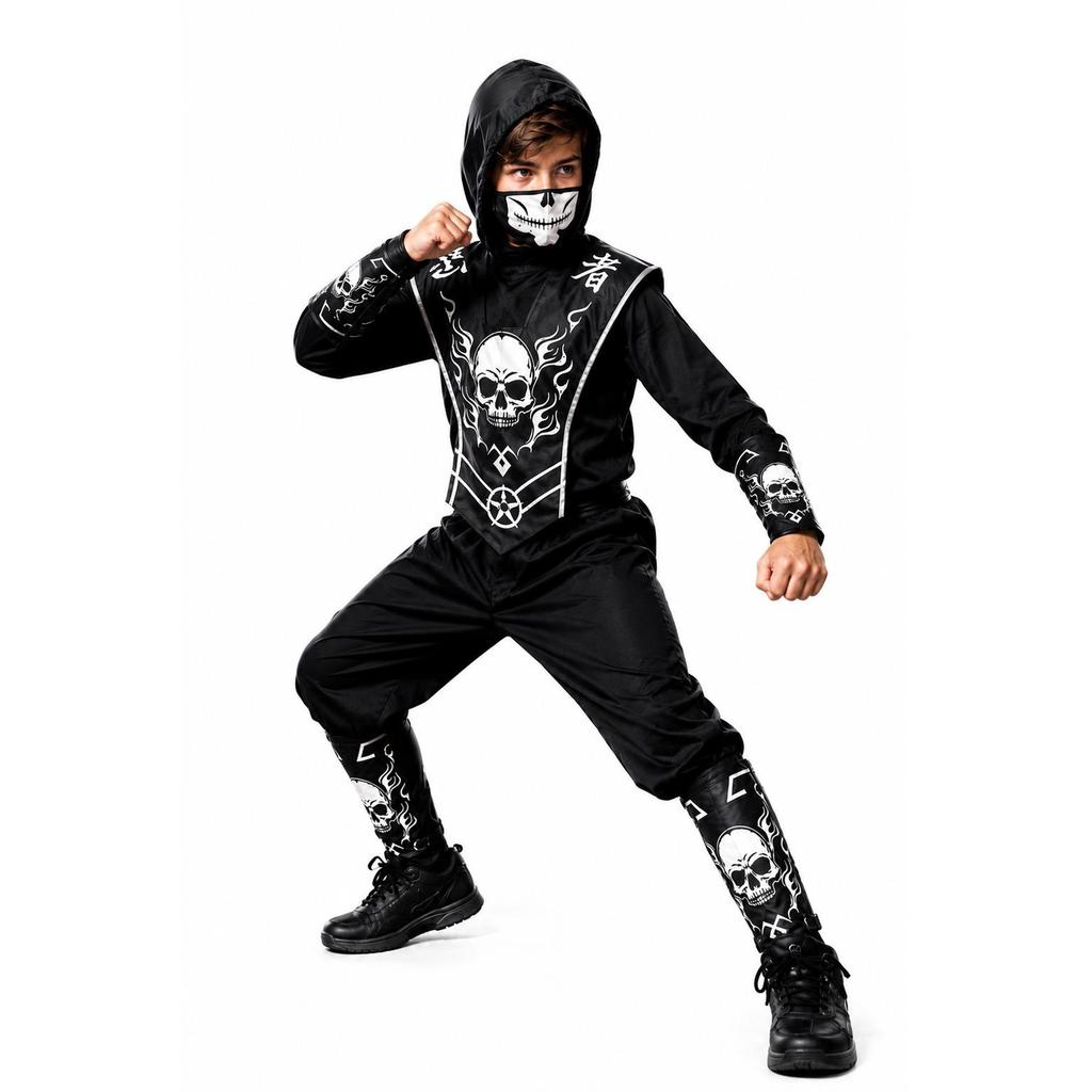 Fantasia de Halloween Ninja Sombrio Infantil Com Balaclava e Bracelete