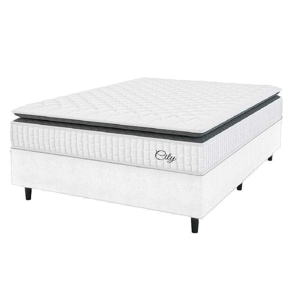 Cama Box Colchão Casal King Molas Ensacadas City Pillow Top 193x203x61cm Linho Branco/Cinza Hellen