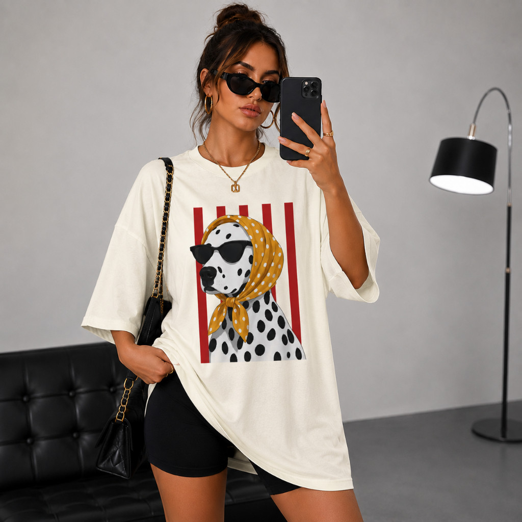 Camiseta Oversized Feminina Estampada Dalmatas Dog Fashion Dalamatian Print  Blusão Premium Streetwear Algodão Casual