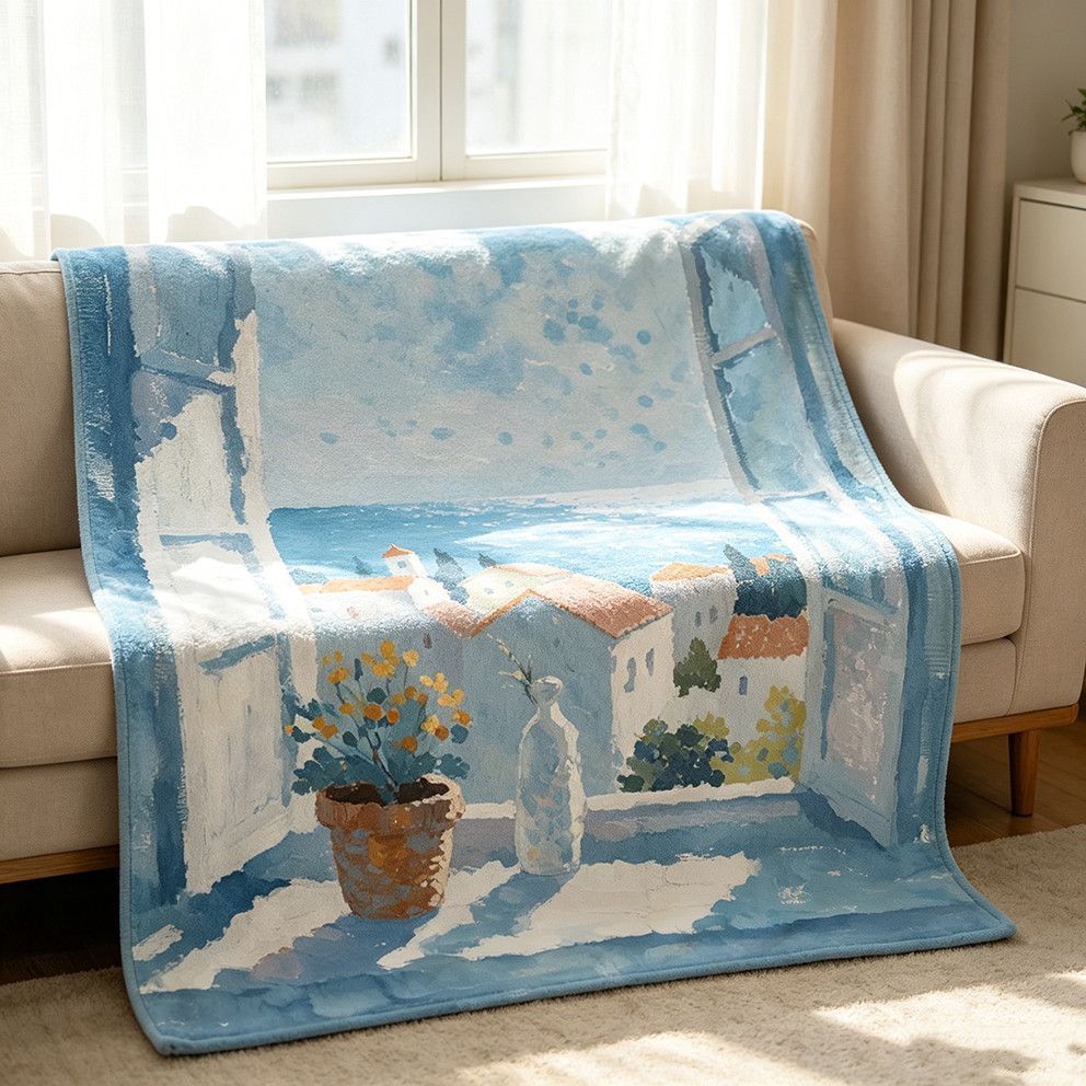 Monet estilo azul beira-mar cidade cobertor fino fresco cura casa sofá cobertor portátil almoço pausa ar condicionado co