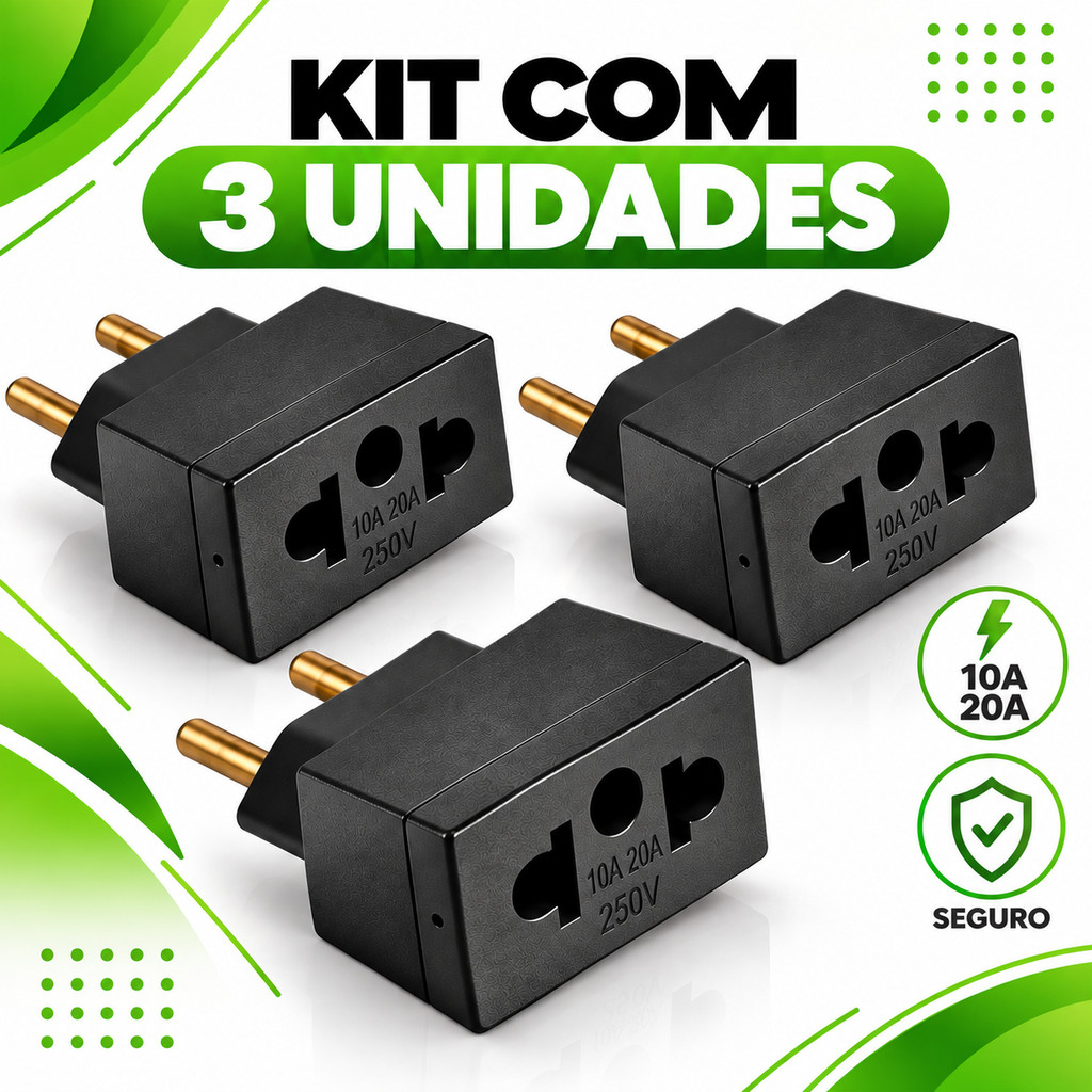 Imagem Kit 3 Adaptadores de Tomada Universal 20A - Preto