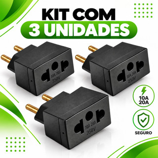 Kit 3 Adaptadores de Tomada Universal 20A - Preto