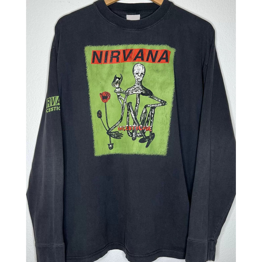 Camiseta masculina estampada de manga comprida retrô americana de algodão puro Nirvana Rock Band