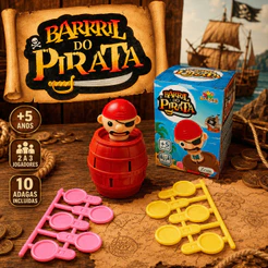 Jogo Barril Pula Pirata Infantil com 10 Adagas Coloridas 2 a 3 Jogadores Brinquedo de Suspense +5 Anos