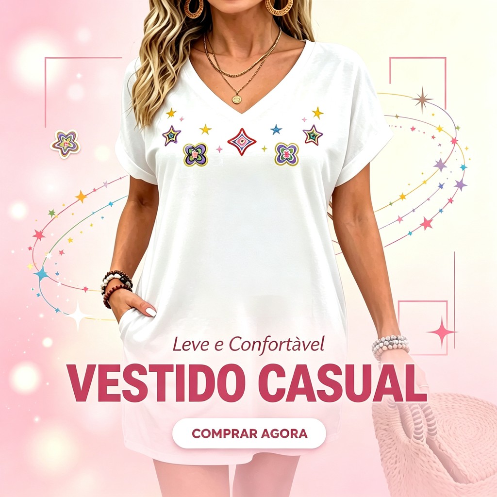Vestido Camiseta Feminino Oversized Estampa Estrelas e Flor Gráfica Decote V Manga Curta Bolso Lazer Passeio Confortável
