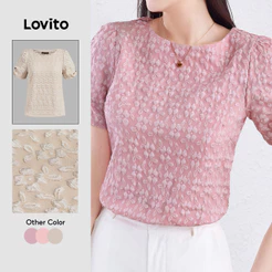Lovito Floral Elegante Blusa Florido Com Laço Plissado Primavera/Verão Blusa Rosa Para Mulheres L138AD919