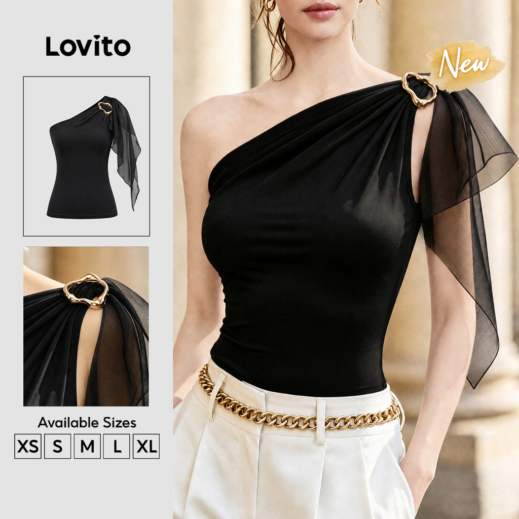 Lovito Blusa Feminino Preta Sem Mangas Gola Assimétrica Babado e Fivela Metálica Primavera Verão Traje de Trabalho TKB205P2D484
