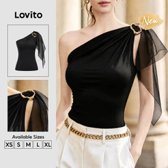 Lovito Blusa Feminino Preta Sem Mangas Gola Assimétrica Babado e Fivela Metálica Primavera Verão Traje de Trabalho TKB205P2D484