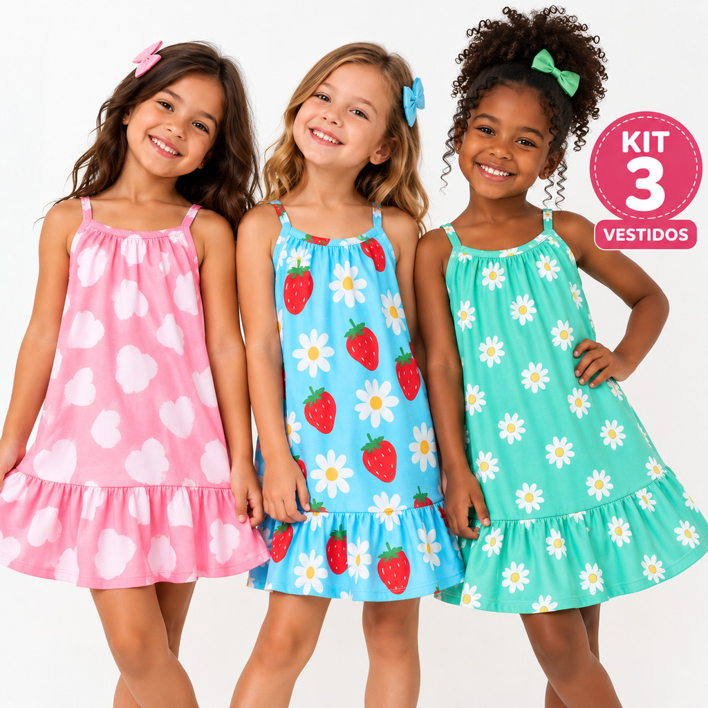 Kit 3 Vestido Infantil Menina Feminino Alça Verão Estampado Leve Fresquinho Tam 1 ao 8 Roupa de Festa Praia