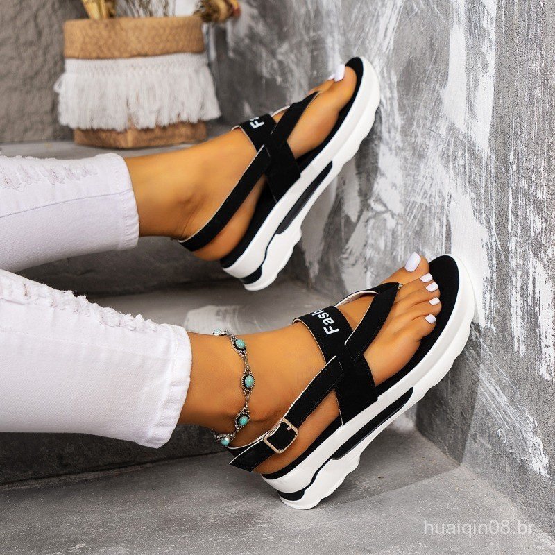 Sandálias Femininas Plataforma Tanga , Cor Sólida , Dedo Aberto , Antiderrapante , Fivela , Sapatos , Casuais