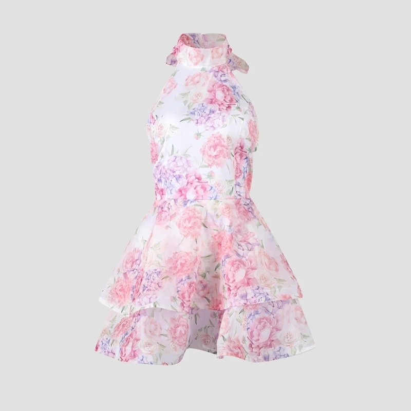 Vestido Mini Estampado Floral Chique, Sem Mangas e Costas Abertas, Vestidos com Bainha Empilhada, Vestidos Evasê Delicad