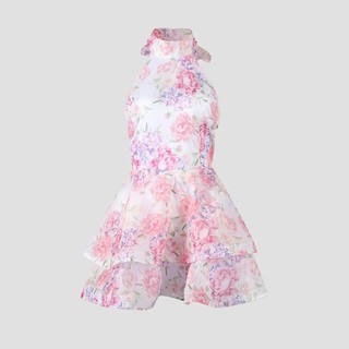 Vestido Mini Estampado Floral Chique, Sem Mangas e Costas Abertas, Vestidos com Bainha Empilhada, Vestidos Evasê Delicad