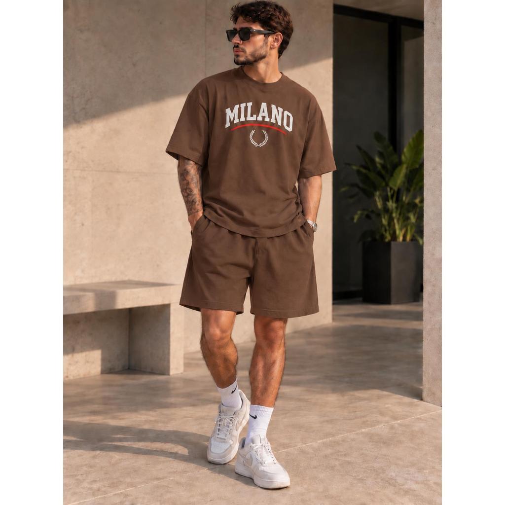 Conjunto Masculino Camiseta Algodão e Bermuda Oversized Moletinho Marrom Streetwear Casual
