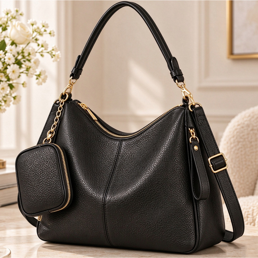 Bolsa Conjunto Couro Sintético Resistente Impermeavel Costura Reforçada Bolsinha Acessoria Uso Casual — imagem 2 de 2