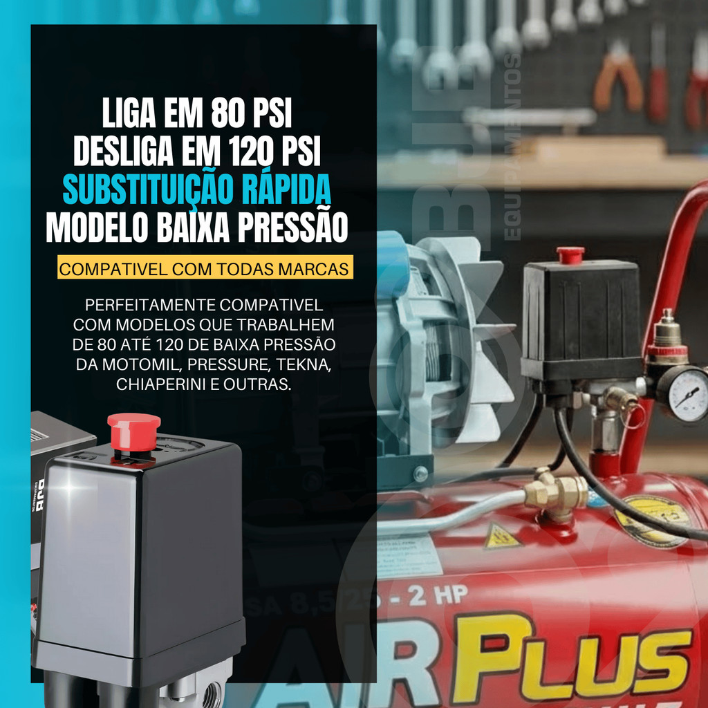 Pressostato Compressor de Ar 80/120 PSI 4 Vias Rosca 1/4 Compatível com Schulz Motomil Chiaperini Pressure BJB — imagem 2 de 2