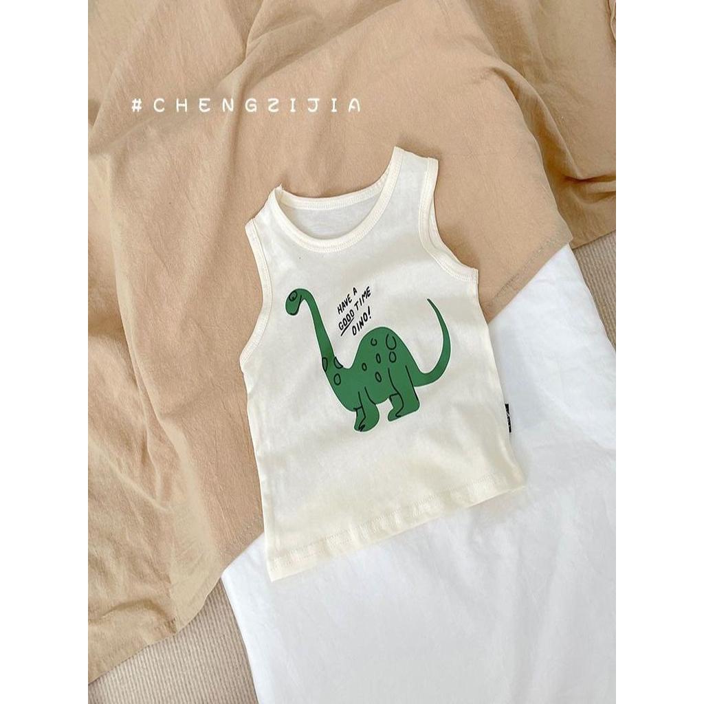 Verão novo estilo meninos meninas moda dos desenhos animados dinossauro impressão sem mangas camiseta puro algodão legal
