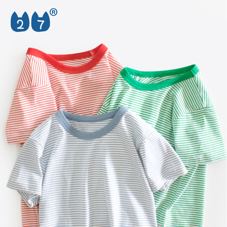 27 crianças médias pequenas crianças verão listrado manga curta camiseta 2025 novo estilo meninos meninas puro algodão m
