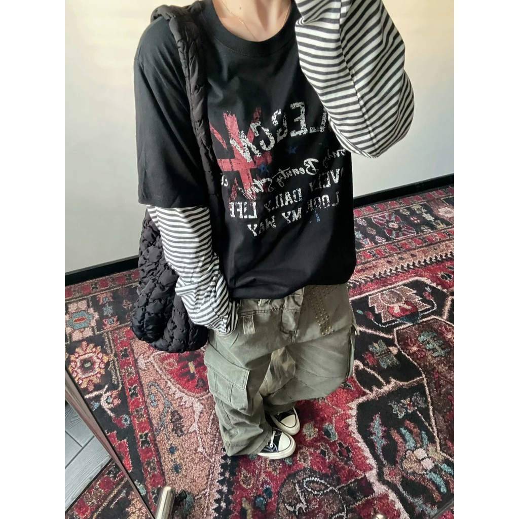 Costura falsa de duas peças de manga comprida camiseta masculina primavera outono pesado estilo americano contraste cor 