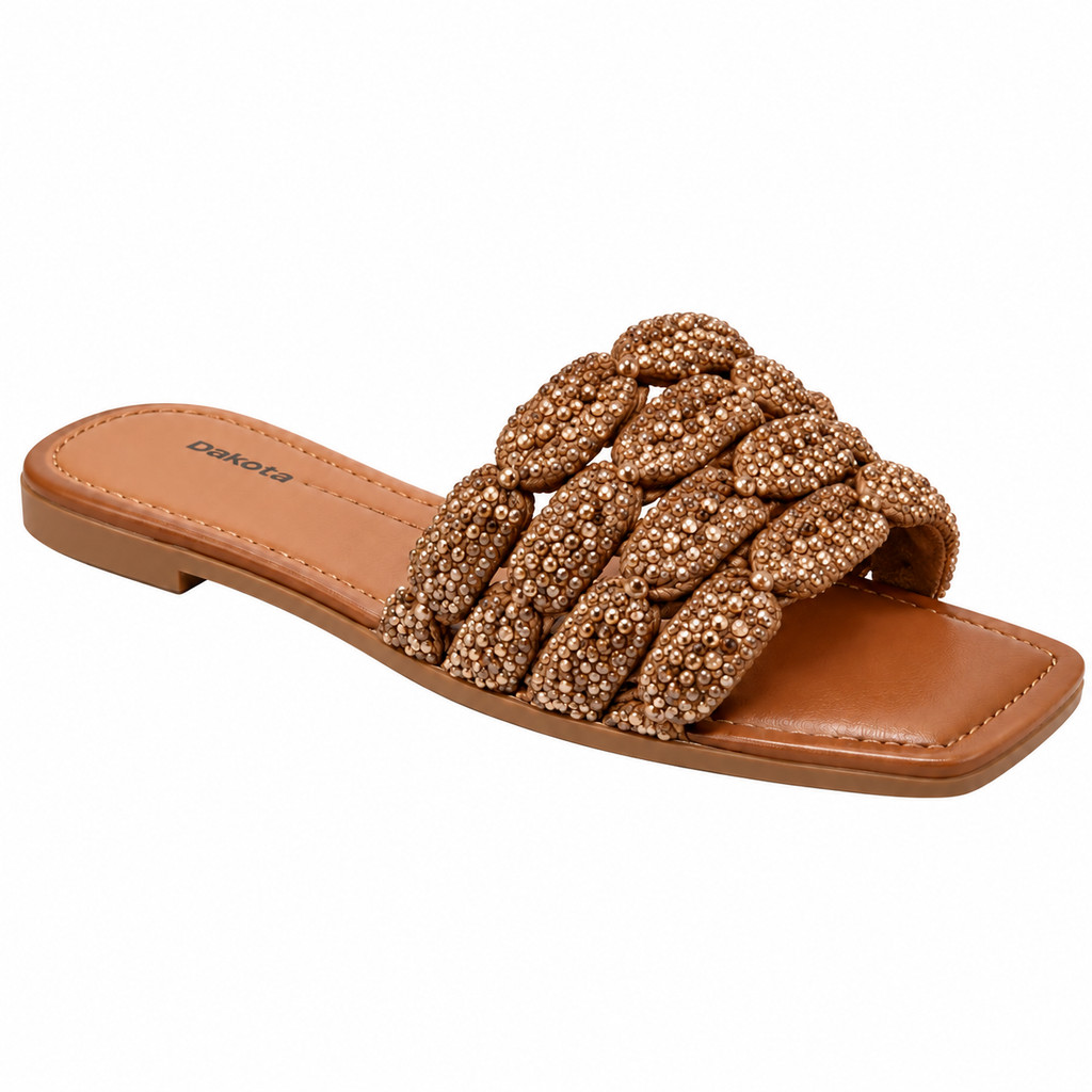 Rasteira Feminina Dakota Pedrarias Trançada Strass Brilho Chinelo Slide Casual Confortável Verão Bico Quadrado