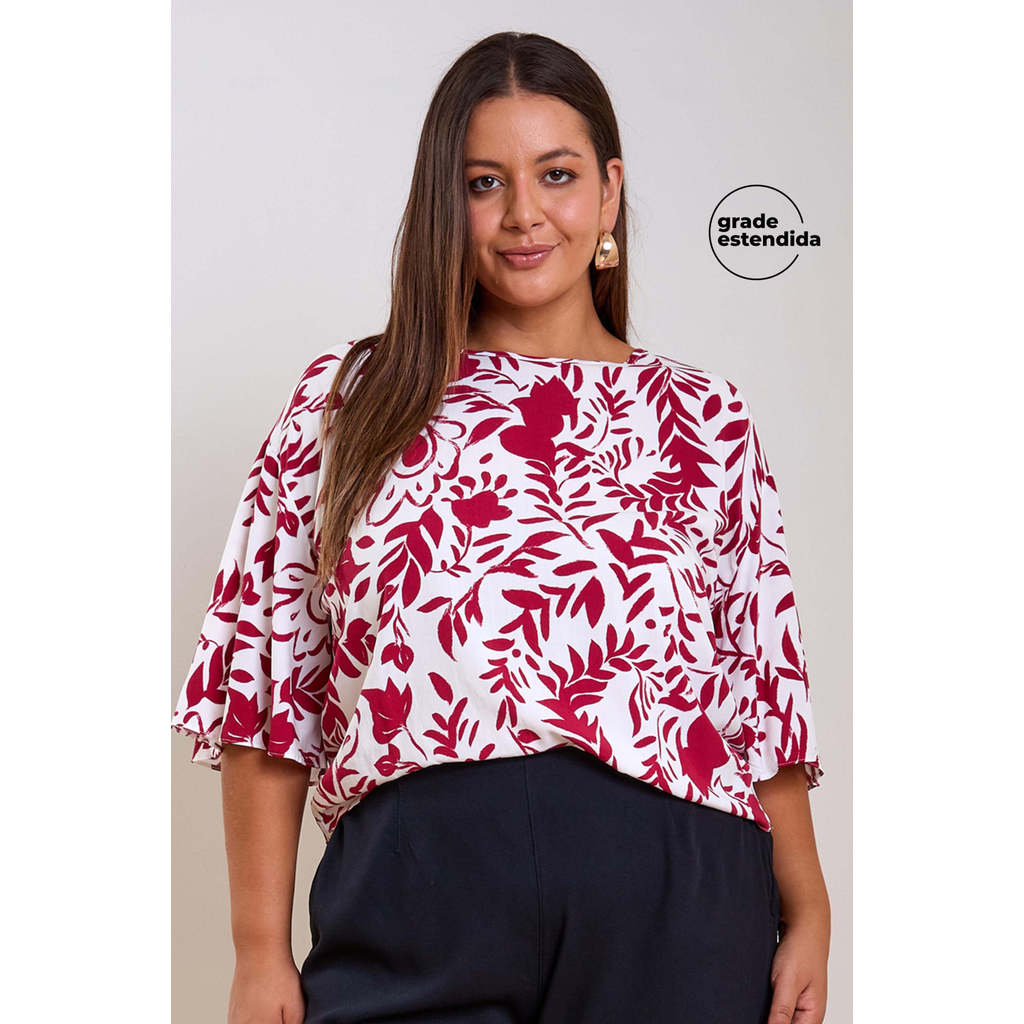 Blusa Feminina Curta Floral em Viscose Marialícia Bege