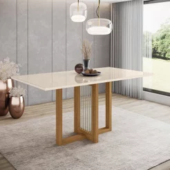 Mesa de Jantar 6 Lugares 160cm Tampo MDF e Vidro Canto Reto Natalí Marrom/Nature/Off White